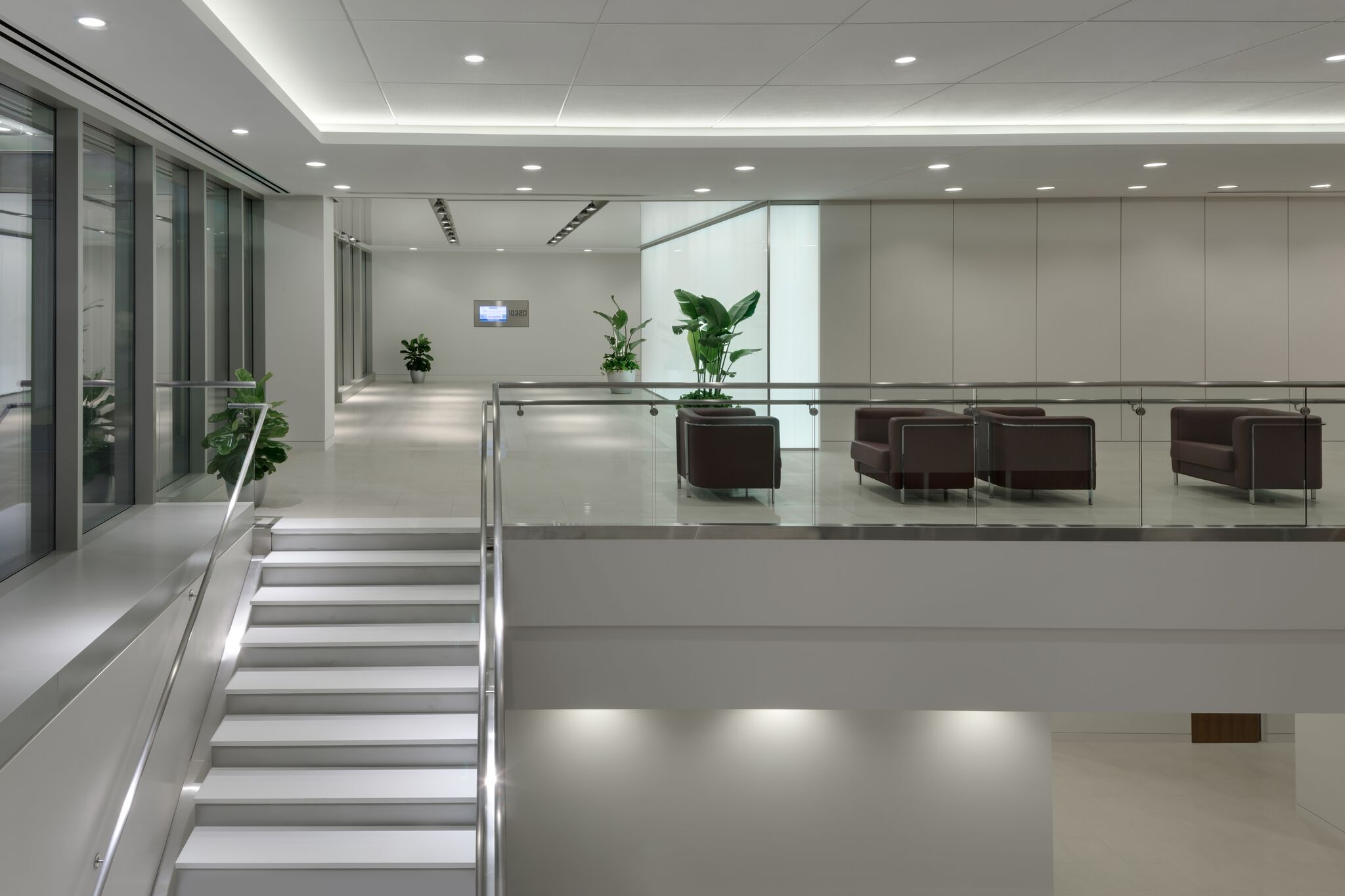 Interior view of a modern staircase in an office lobby